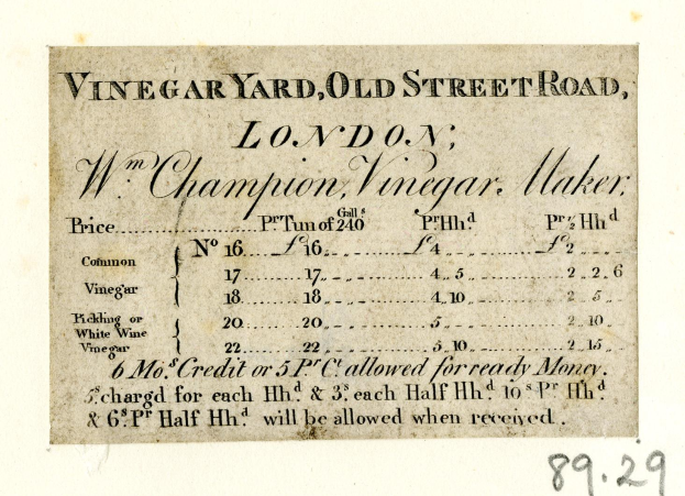 Papierbeleg mit Text "Vinegar Yard, Old Street Road, London Champion Vinegar Maker"