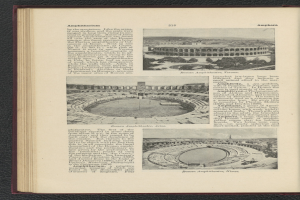 Offenes Buch mit Stadionbild und Text sowie anderen Bildern.