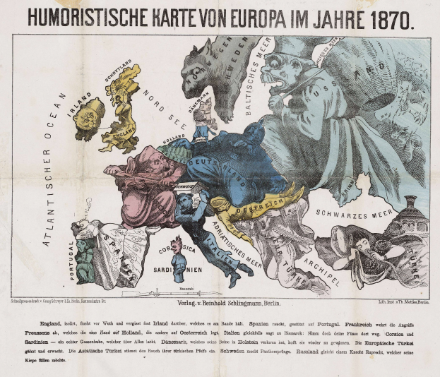 Ein Plakat mit einer Europakarte aus dem Jahr 1870, umgeben von Cartoon-Bildern und der Aufschrift "Humoristische Karte von Europa im Jahre 1870".