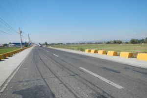 Eine Straße mit gelben Pollern am Rand, Fahrzeuge, die darauf fahren, Strommasten mit Drähten, Gras, Bäume, Gebäude im Hintergrund und einen klaren blauen Himmel.