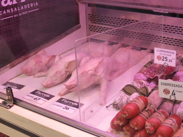 Vitrine gefüllt mit verschiedenen Schweine- und Wurstsorten, jede mit angebrachtem Preisschild.