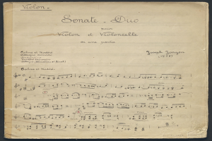 Schwarzer Hintergrund mit einem alten Notenblatt in der Mitte, das 'Sonate Duo' trägt.