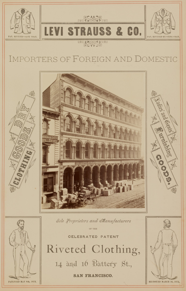 Alte Werbeplakat von Levi Strauss & Co. mit Bildern von Menschen, Geb├Ąuden und Text.