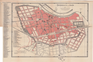 Detailiertes altes Stadtplan von Offenbach, Deutschland, zeigt Straßen, Gebäude und Sehenswürdigkeiten mit Textanmerkungen auf einem weißen Hintergrund.
