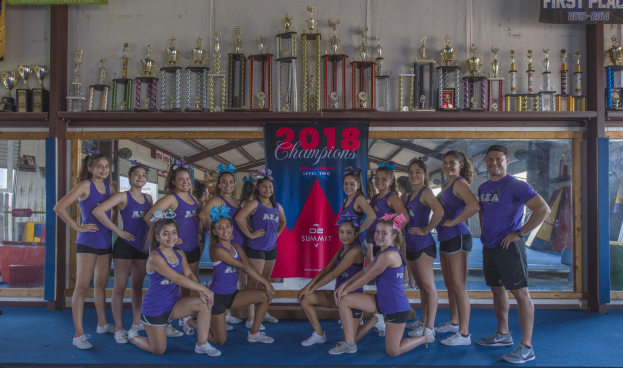 Gruppe von Cheerleadern in lila T-Shirts und schwarzen Shorts, die mit Trophäen vor einem "2018 Summit Cheerleading Champions"-Banner posieren.