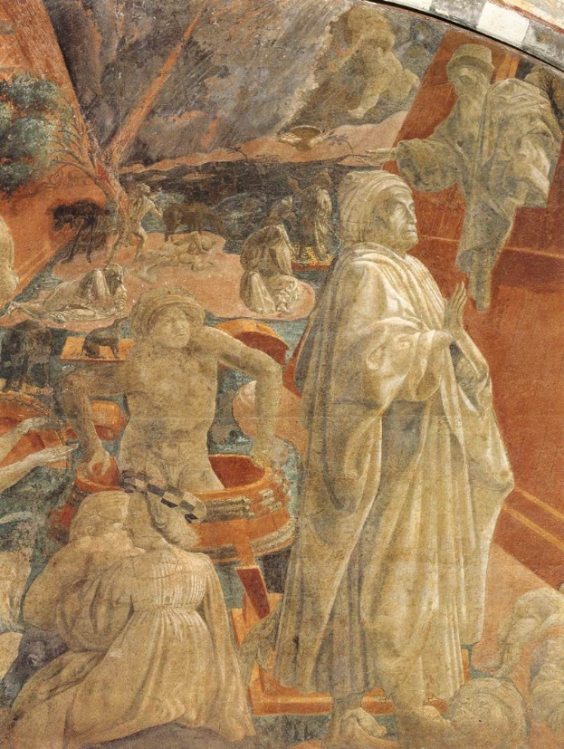 Fresko an der Decke einer Kirche in Italien, das die Taufe Christi zeigt, mit leuchtenden Farben und detaillierten Darstellungen von Menschen, Tieren, Bäumen und Gegenständen in einer grünen Landschaft.