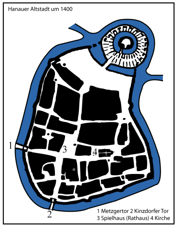 Ein detaillierter Stadtplan von Hanau, Deutschland, mit einem blauen und weißen Farbschema, einschließlich Text und Zahlen.