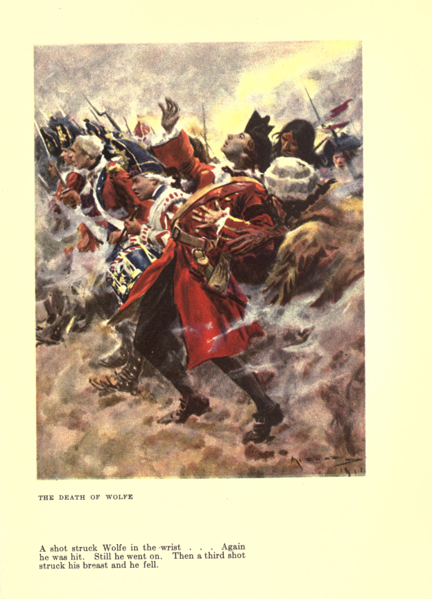 Eine Gruppe verzweifelter Menschen, einige schauen ängstlich nach oben und andere traurig nach unten, auf einem Plakat mit dem Titel 'Der Tod von Wolfe' in gedämpften Farben.