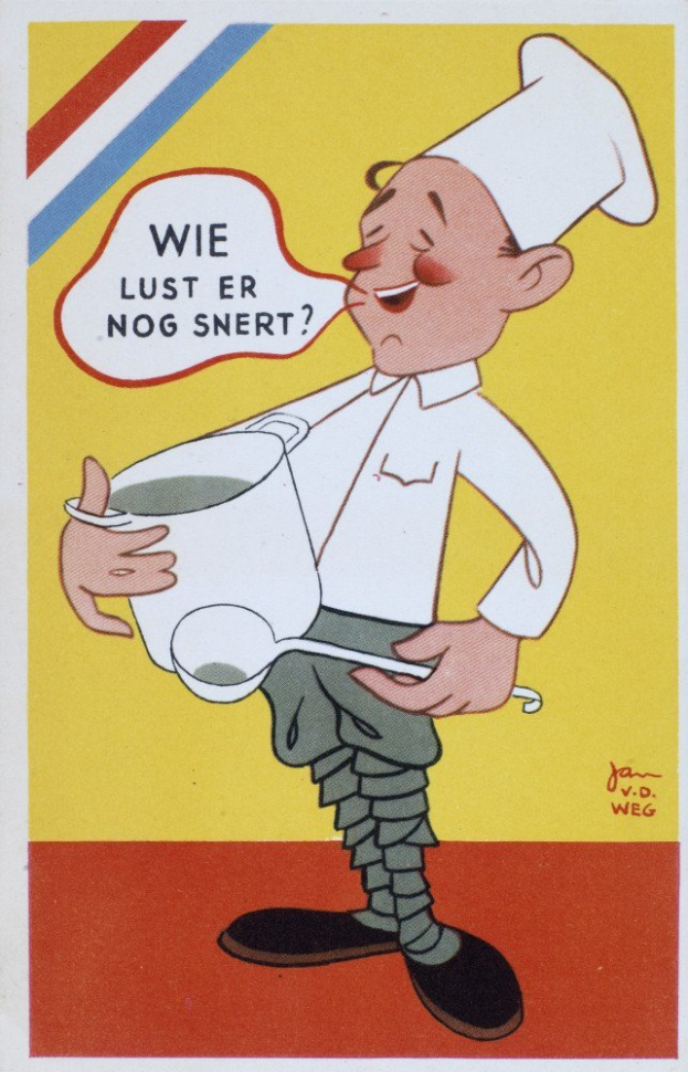 Ein Cartoon-Koch in weißer Uniform und Hut, der eine Schüssel und einen Löffel hält, steht fröhlich in einer Küche mit einem Herd und einem Spülbecken.
