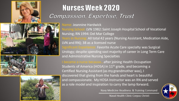 Plakat zur Nurses Week 2020 mit dem Motto "Mitgefühl, Expertise, Vertrauen", das mehrere Bilder von Krankenschwestern und eine blau-weiße Schrift zeigt.