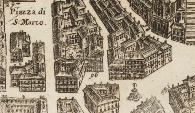 Ein detailliertes Stadtentwurf mit verschiedenen einzigartig gestalteten Gebäuden, begleitet von handgeschriebenen Notizen.