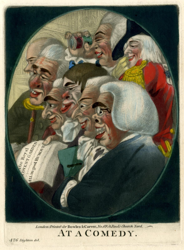 Eine Gruppe von Menschen in einem Kreis, die lachen und Spaß haben, wobei eine Person ein Blatt Papier hält und unten ein Text steht, der "In einer Comedy" lautet.