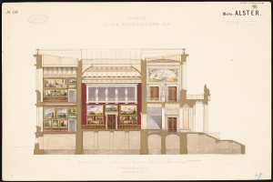 Ein detailliertes Bild einer Opernhausäußlenäu00dflen, verziert mit Fenstern, Türen, Säulen und bunten Malereien, die Innenraumszenerien zeigen, mit begleitendem Text, der historische Informationen bereitstellt.