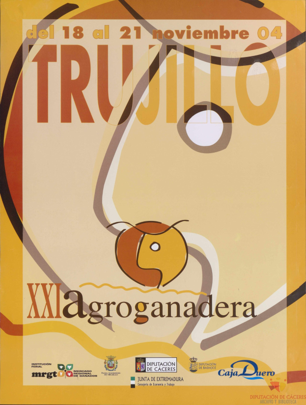 Plakat für das XXI Agroganadera Festival in Trujillo, Mexiko, mit einem Mann in einem Anzug, der ein Mikrofon und ein Buch hält, gelber Hintergrund, schwarz-weiß-Illustration und fetter schwarzer Text, der 'Trujillo XXI' liest.