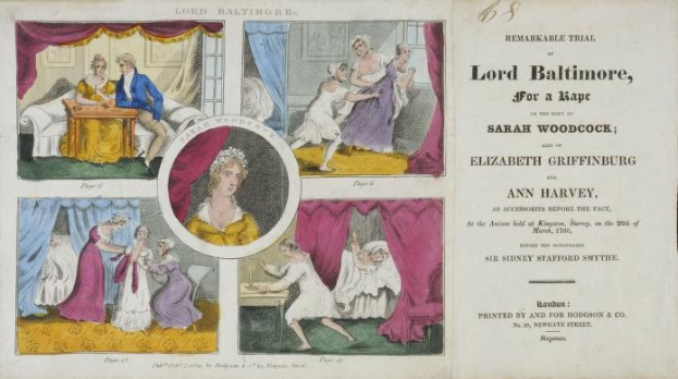 Eine historische Dokumentenillustration, die eine Gerichtsszene mit Porträts von Individuen, drapierten Vorhängen und geschriebenem Text zeigt.