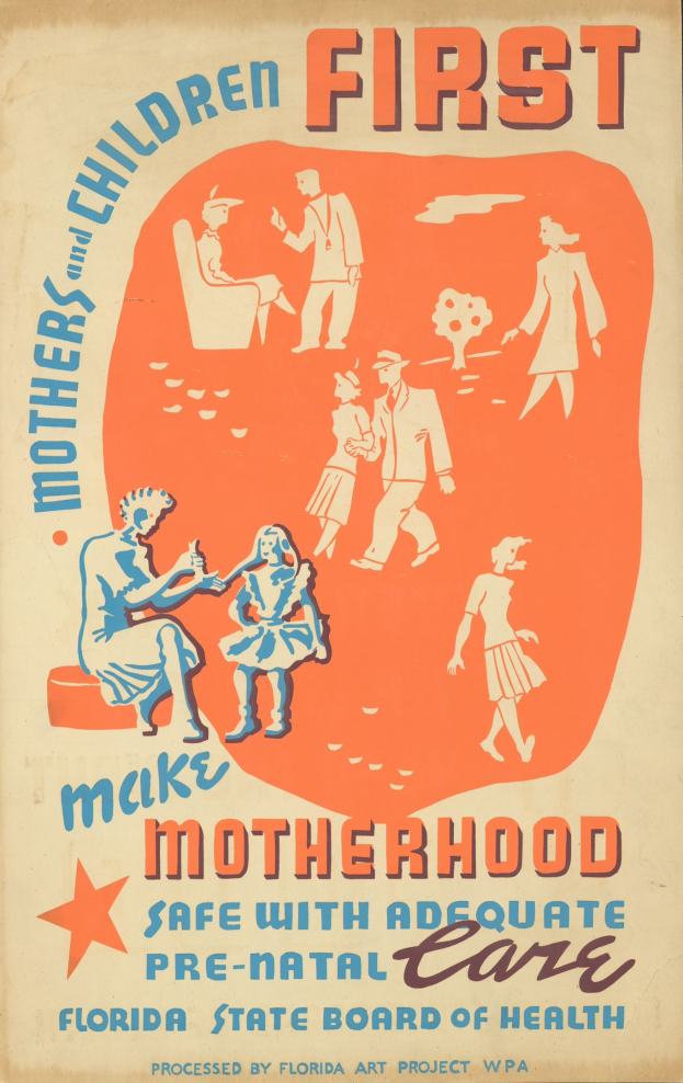 Ein Plakat mit dem Text "Machen Sie die Mutterschaft mit ausreichender pränataler Betreuung sicher" in Weiß auf einem blauen Hintergrund, das fröhliche Menschen verschiedener Altersgruppen, Geschlechter und Ethnien zeigt.