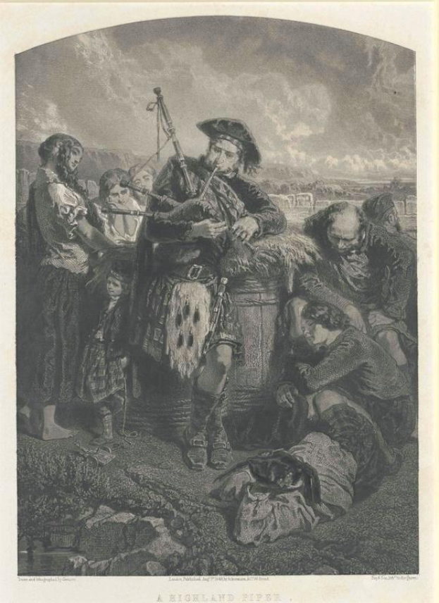 Schwarze und weiße Gravur eines Mannes, der eine Dudelsack vor einer Gruppe von Menschen spielt, mit einem bewölkten Himmel im Hintergrund, mit der Beschriftung "Ein Highland-Pfeife" unten.