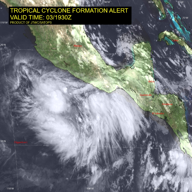 Satellitenansicht einer tropischen Zyklonwarnung im Golf von Mexiko mit dem Text "Tropical Cyclone Formation Alert" oben.