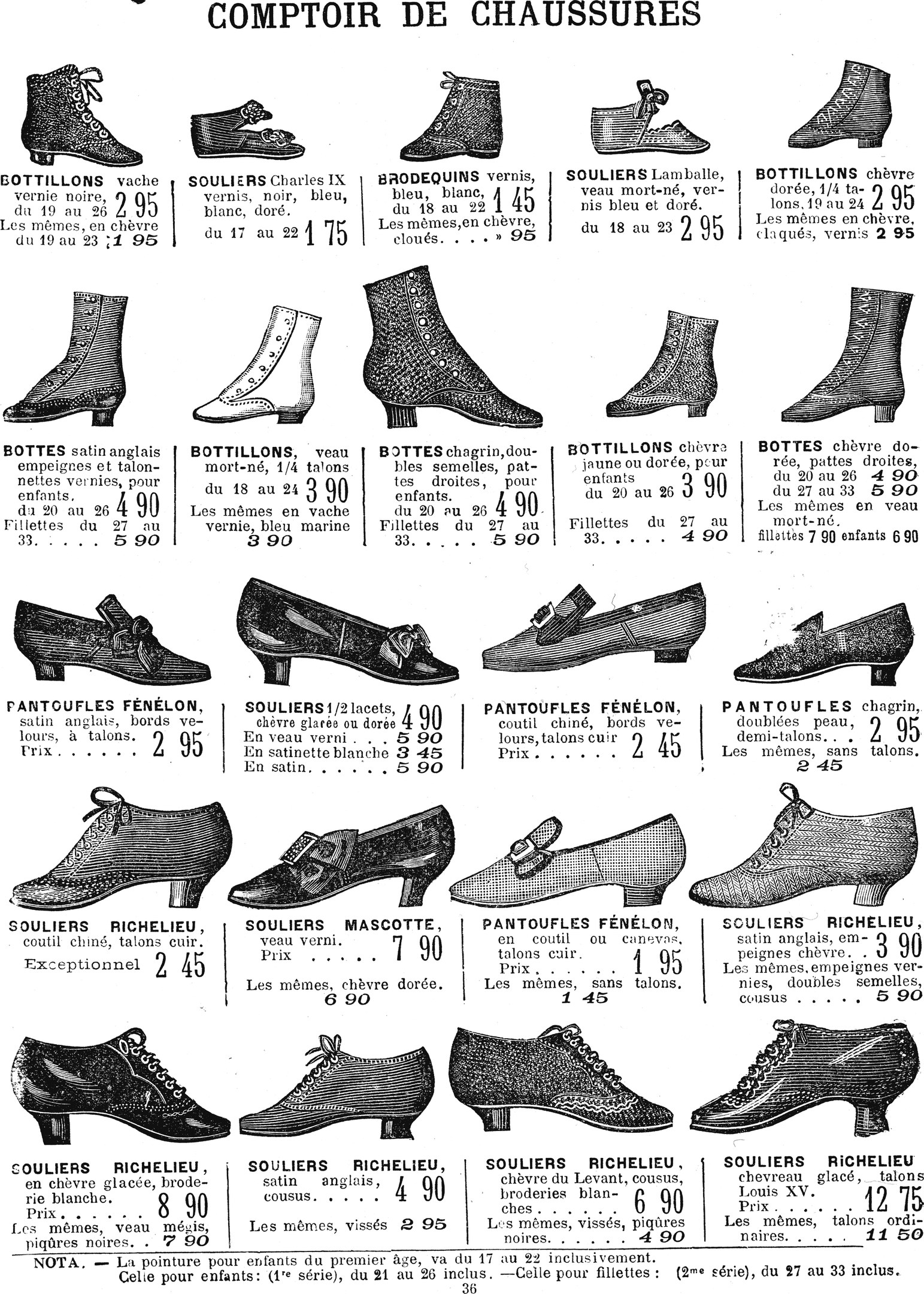 Eine Buchseite mit verschiedenen Frauenschuhen in einzigartigen Designs, Preisschildern und Informationen zur Größe, Form und Farbe in ordentlicher Anordnung.
