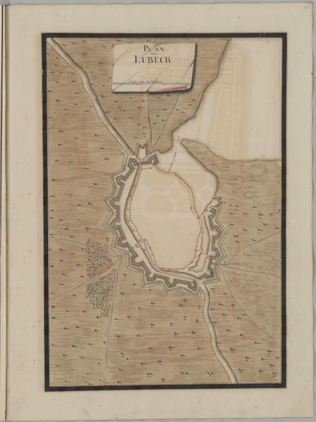Ein altes Buch mit einer detaillierten Karte von Lübeck, Deutschland, das sichtbare Straßen, Gebäude und Sehenswürdigkeiten zeigt und von Text begleitet wird, der historische und kulturelle Informationen über die Stadt liefert.
