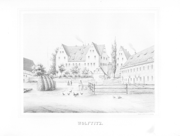 Eine Schwarz-Weiß-Zeichnung einer Straße in Wolfitz, Deutschland, mit Gebäuden, Bäumen, Menschen, Tieren, einem Zaun und anderen Gegenständen, mit Text am unteren Rand, der die Veröffentlichungsinformationen aus der Illustrated London News enthält.