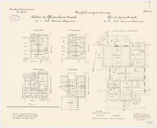 Ein detaillierter architektonischer Grundrissplan des ehemaligen Kanzleramts in der Bundesrepublik Deutschland, der den Aufbau, strukturelle Elemente und Anmerkungen zeigt.