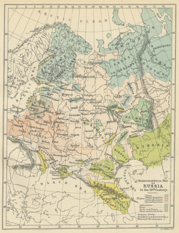 Eine ethnographische Landkarte des 19. Jahrhunderts Russland, die geographische Merkmale wie Flüsse, Berge und Städte zeigt.