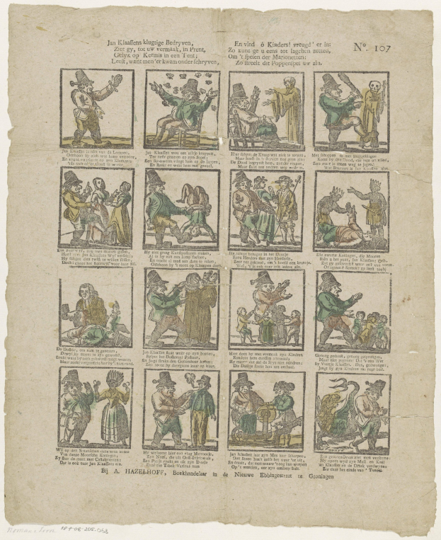 Eine Buchseite mit einem Mann in Hut und einer Frau in Kleid, die in einer hitzigen Diskussion vertieft sind, umgeben von Text und Illustrationen.