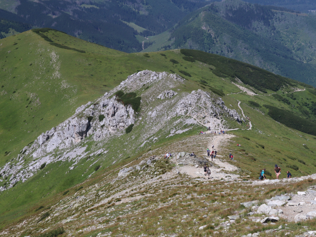 Gruppe von Menschen beim Wandern auf einem Berghang mit saftigem Grün und steinigem Gelände, Himmel im Hintergrund sichtbar