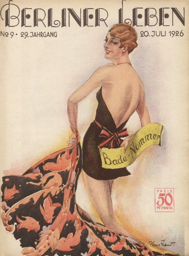Titelbild der Berliner Leben Zeitschrift aus dem Juni 1926 mit einer Frau in einem Badeanzug, die ein Tuch hält, mit dem Zeitschriftennamen darüber.