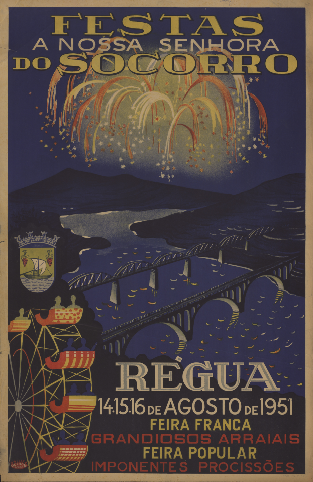 Ein Plakat, das ein Festival in Brasilien ankündigt und eine Brücke, Wasser, Hügel und Feuerwerk zeigt, mit Texten, die Festival-Informationen enthalten.