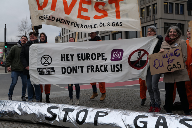 Gruppe von Menschen mit einem "Stoppt Gas"-Plakat bei einer Protestaktion gegen die Europäische Union, mit Gebäuden, Bäumen und Verkehrszeichen im Hintergrund vor einem klaren blauen Himmel.