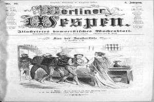 Eine schwarz-weiße Zeitung vom 6. August 1875 mit der Überschrift "Berliner Wespe", die eine Zeichnung von einer Gruppe von Menschen in Not zeigt, einige schauen ängstlich hoch, andere verwirrt runter.