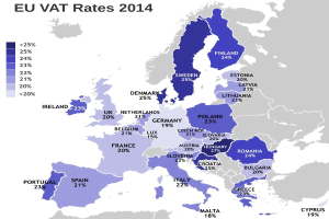 Eine Europakarte, die die EU-VAT-Sätze für 2014 mit Prozentangaben und Textbeschriftungen zeigt.
