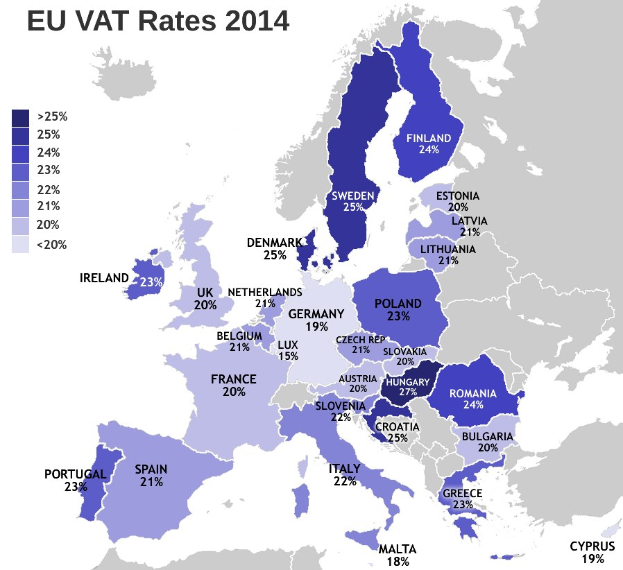 Eine Europakarte, die die EU-VAT-Sätze für 2014 mit Prozentangaben und Textbeschriftungen zeigt.