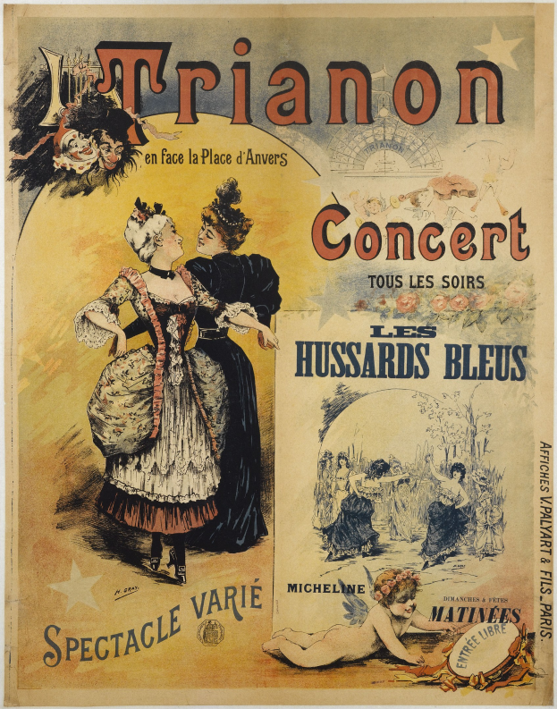 Ein Konzertplakat mit einer Frau in einem langen, hochgeschlossenen Kleid und einem Mann im Anzug, der hinter ihr steht und die Arme verschränkt, beide mit ernsten Gesichtern.