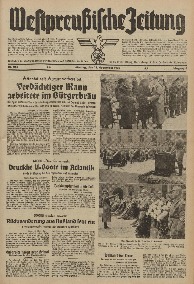 Titelseite einer deutschen Zeitung vom 13. November 1939, betitelt "Weitpreubliche Zeitung", mit einem Gruppenbild von Menschen in traditioneller deutscher Tracht in einer feierlichen Atmosphäre.