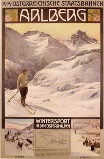 Ein Plakat, das einen Wintersport in den österreichischen Alpen bewirbt, zeigt einen Skifahrer umgeben von Bildern von Menschen und Bergen mit Text.