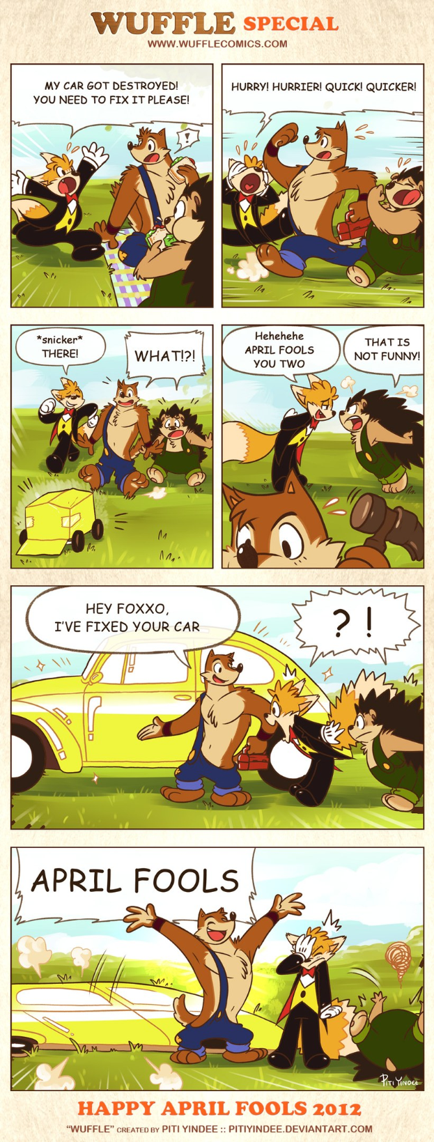 Comic-Strip-Plakat mit der Aufschrift "April Fools", das einen Cartoon-Mann und eine Frau in einem Gespräch vor einem hellblauen Himmel mit weißen Wolken zeigt, wobei der Mann mit den Händen gestikuliert.