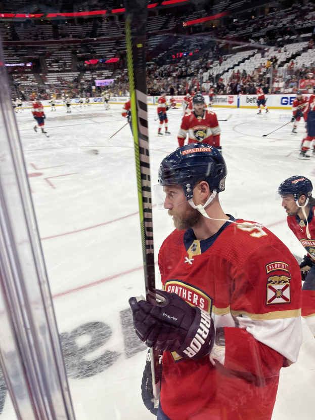 Gruppe von Hockey-Spielern in Helmen und Handschuhen auf dem Eis mit Zuschauern in den Sitzreihen hinter Glaswand, Tafeln zeigen "Florida Panthers vs New Jersey Devils - 3/24/15 NHL Pick, Odds, and Prediction".