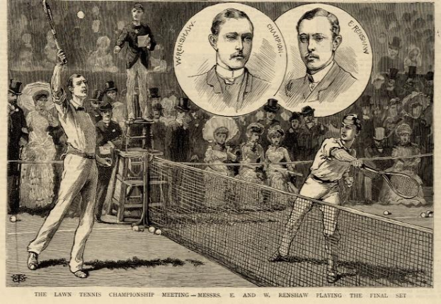 Schwarze und weiße Zeichnung von zwei Männern, die auf einem Court mit Netz Tennis spielen, Zuschauern im Hintergrund und Text unten mit 'The Lawn Tennis Championship Meeting - Messers, E und W Renshaw Playing the Final Set'.