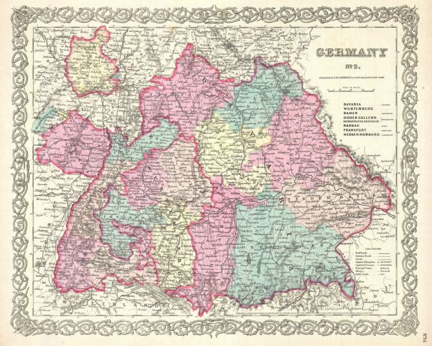 Alte Deutschlandkarte auf Papier, zeigt die Provinzen Bayern, Baden-Württemberg und Baden mit detaillierten regionalen Text.