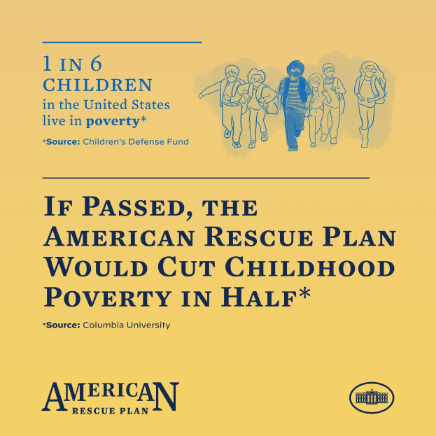 Plakat für den American Rescue Plan, das besagt, es würde die Kindarmut in den USA halbieren, mit einem Bild einer vielfältigen Gruppe von Menschen.