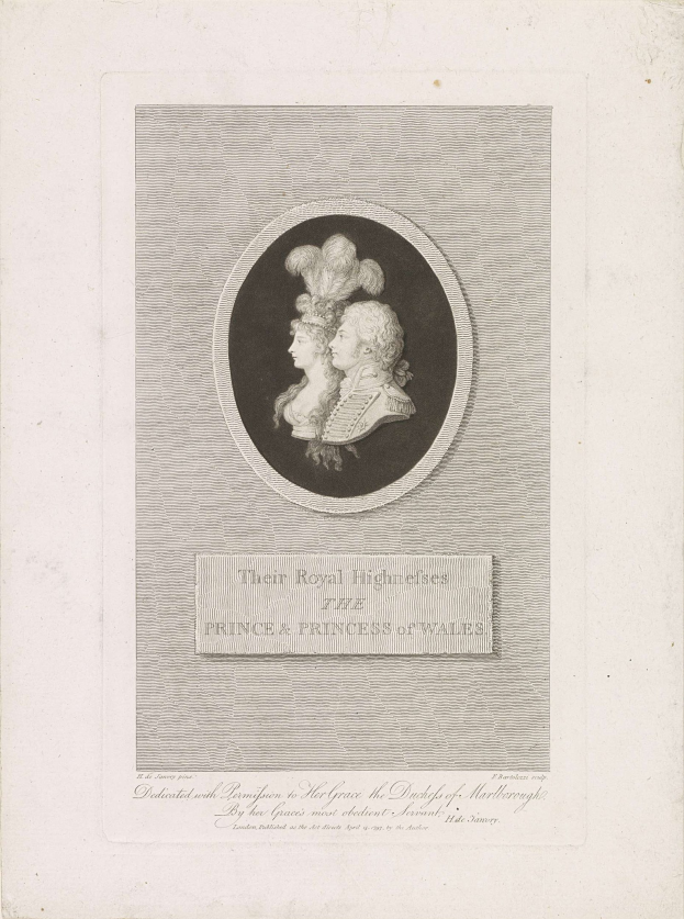 Schwarzes und weißes Bild eines Papiers mit einem Foto des Prinzen und der Prinzessin von Wales mit Text.