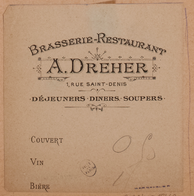 Ein altes Buch mit einer Zeichnung eines Brasserie-Restaurants und einem Text, der seine Angebote beschreibt.