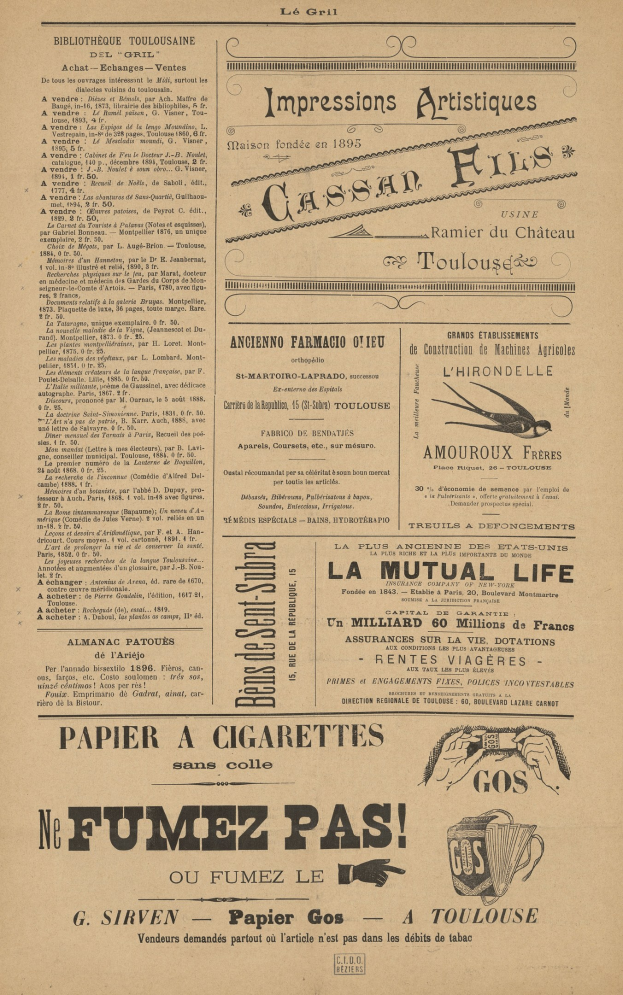 Eine abgenutzte, alte Zeitung mit Text und Anzeigen in einem verblassten, altertümlichen Layout.