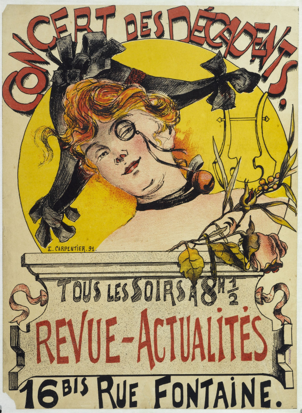 Ein Plakat für ein Decadents-Konzert mit einer Illustration einer Frau mit menschlichem Gesicht und Text, der die Veranstaltungsdetails angibt.