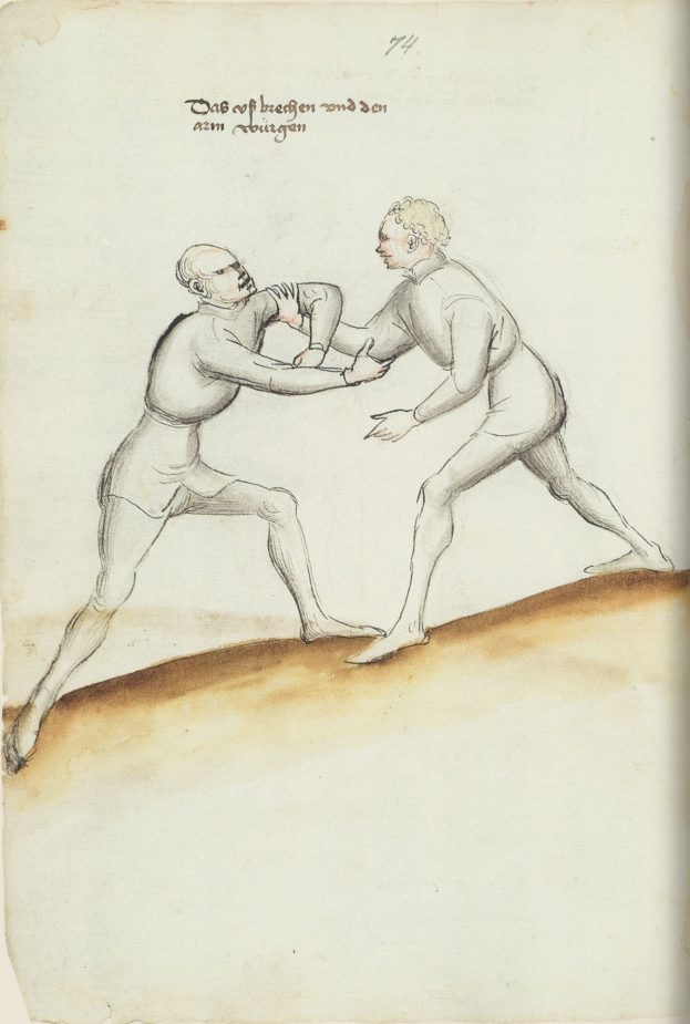 Zwei Männer kämpfen, wobei einer einen Schlag austeilt und auf einem Blatt Papier mit Text steht.