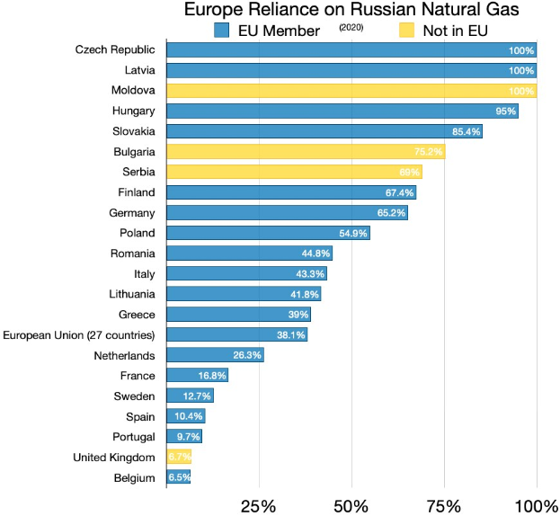 Eine Säulendiagramm, das die Abhängigkeit europäischer Länder vom russischen Erdgas zeigt, mit Prozentangaben und investitionsbezogenem Text.