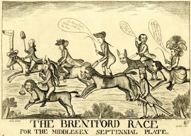 Plakat, das ein Pferderennen mit Reitern im Vordergrund und Laub im Hintergrund zeigt, mit Text unten.